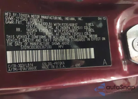 2013 Toyota Sienna Xle V6 8 Passenger from USA, damaged, VIN 5TDYK3DC8DS367590